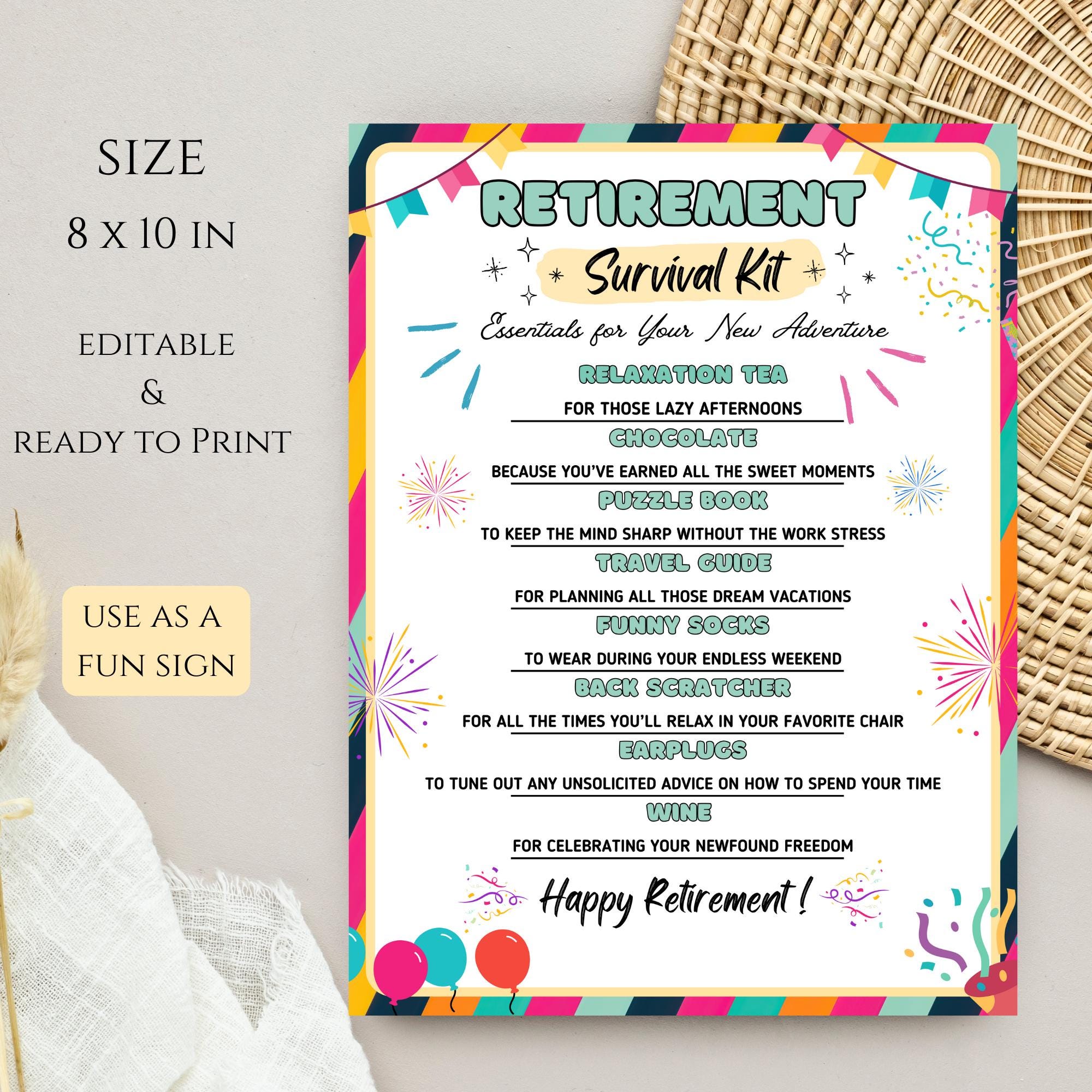 Editable Retirement Survival Kit Printable Gift Tag Treat Bag Staff ...