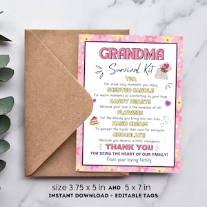 Etiqueta de regalo para el kit de supervivencia de la abuela, regalo imprimible, idea de bricolaje para el día de la madre, tarjeta para la abuela, regalo de cumpleaños, recuerdo de la abuela
