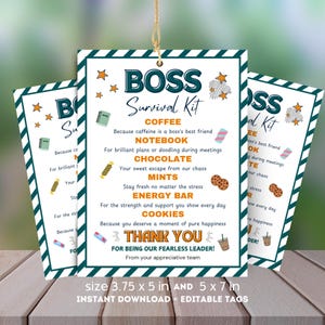 Etiqueta para kit de sobrevivência do chefe, feliz dia do chefe, presente engraçado para chefe, etiqueta para sacola de guloseimas, cartão de agradecimento para o chefe, presente para ir embora, sacola de brindes para gerente