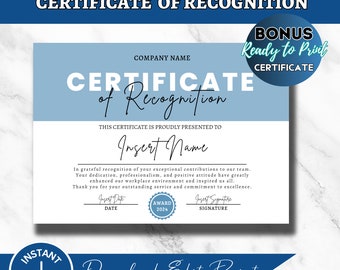 Employee Recognition Certificate Template Staff Awards Ceremony Work Recognition Award Certificates Thank you Employee Gift Graduation Award