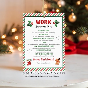 Trousse de survie au travail pour collègue, étiquette cadeau imprimable, cadeau de Noël, collègue, carte-cadeau de Noël modifiable, vacances, fête de bureau, étiquette de bonbon