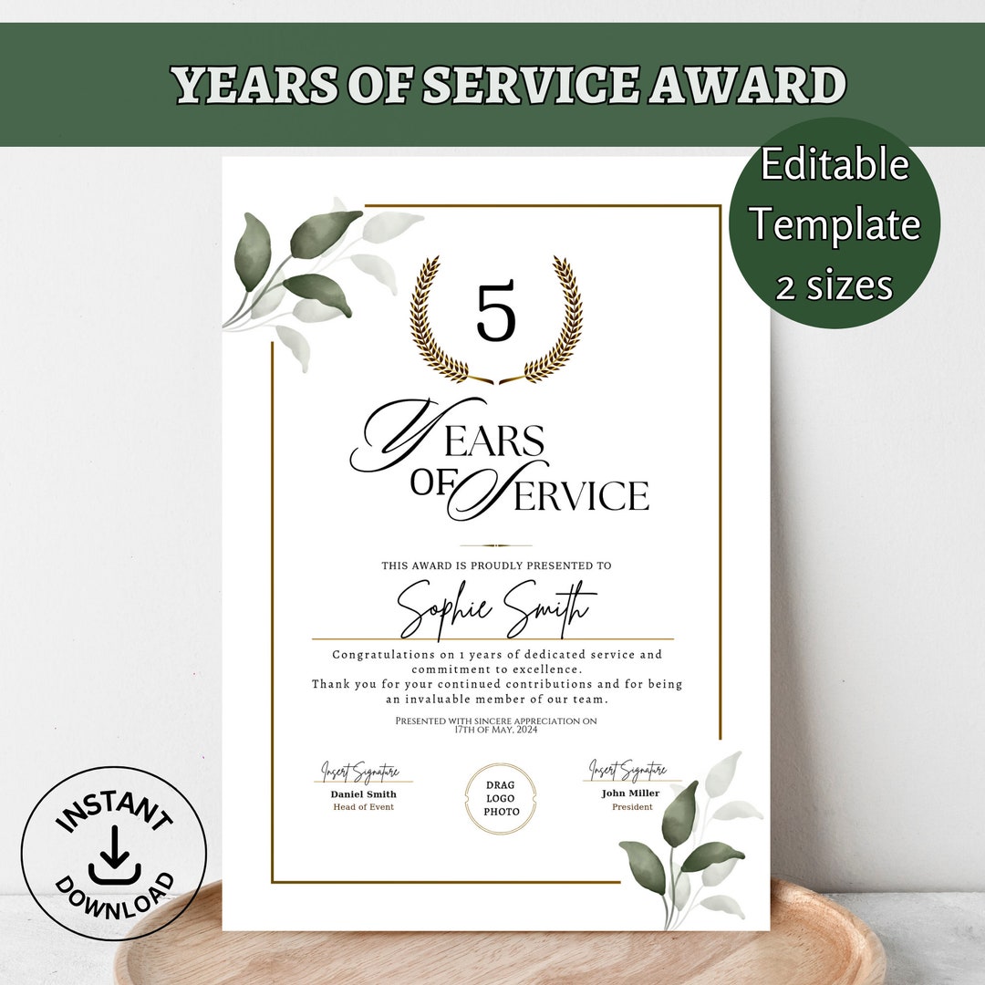 5 Years of Service Editable Award Certificate Retirement Gift for