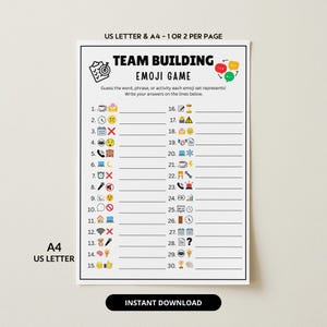 Könnte beinhalten: Ein druckbares Team-Building-Emoji-Spiel auf weißem Hintergrund. Das Spielblatt enthält einen Titel, Anweisungen und 30 nummerierte Emoji-Sets mit Zeilen für Antworten. Der Text "US LETTER & A4 - 1 OR 2 PER PAGE" steht oben. Unten steht "SOFORTIGER DOWNLOAD".