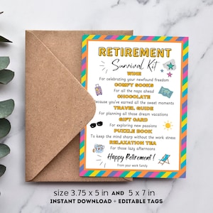 Kit de survie pour la retraite étiquette cadeau cadeau de retraite drôle pour hommes femmes signe de fête de retraite travail cadeau d'anniversaire carte de retraite imprimable