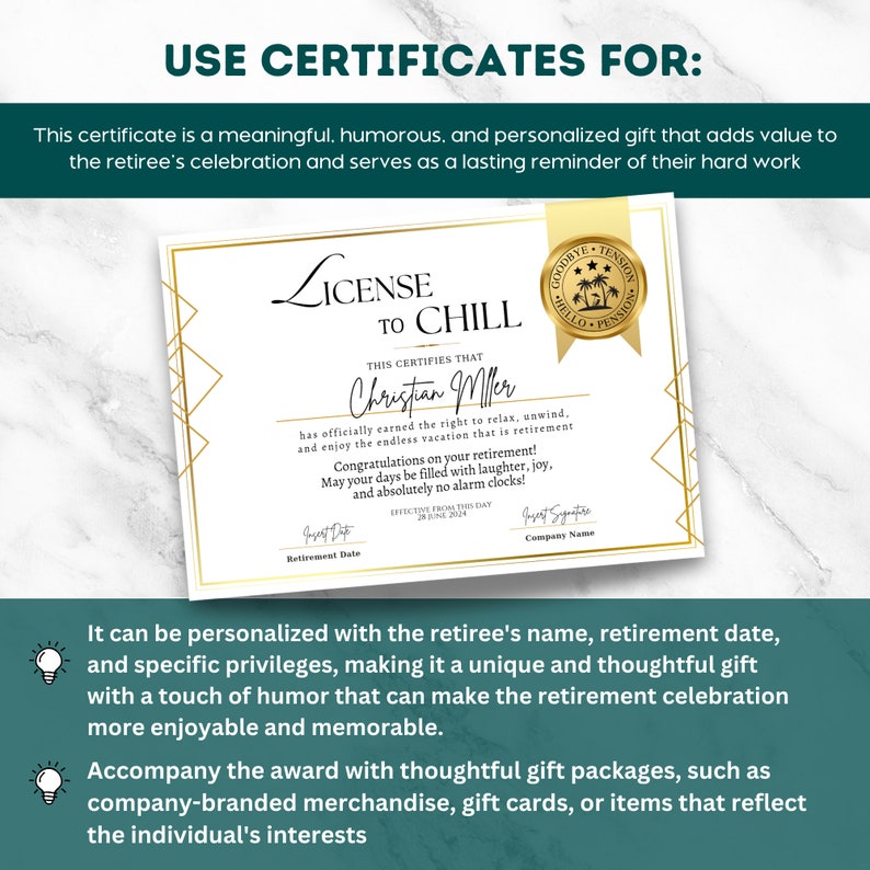 License to Chill Funny Retirement Certificate Editable Award Teacher ...