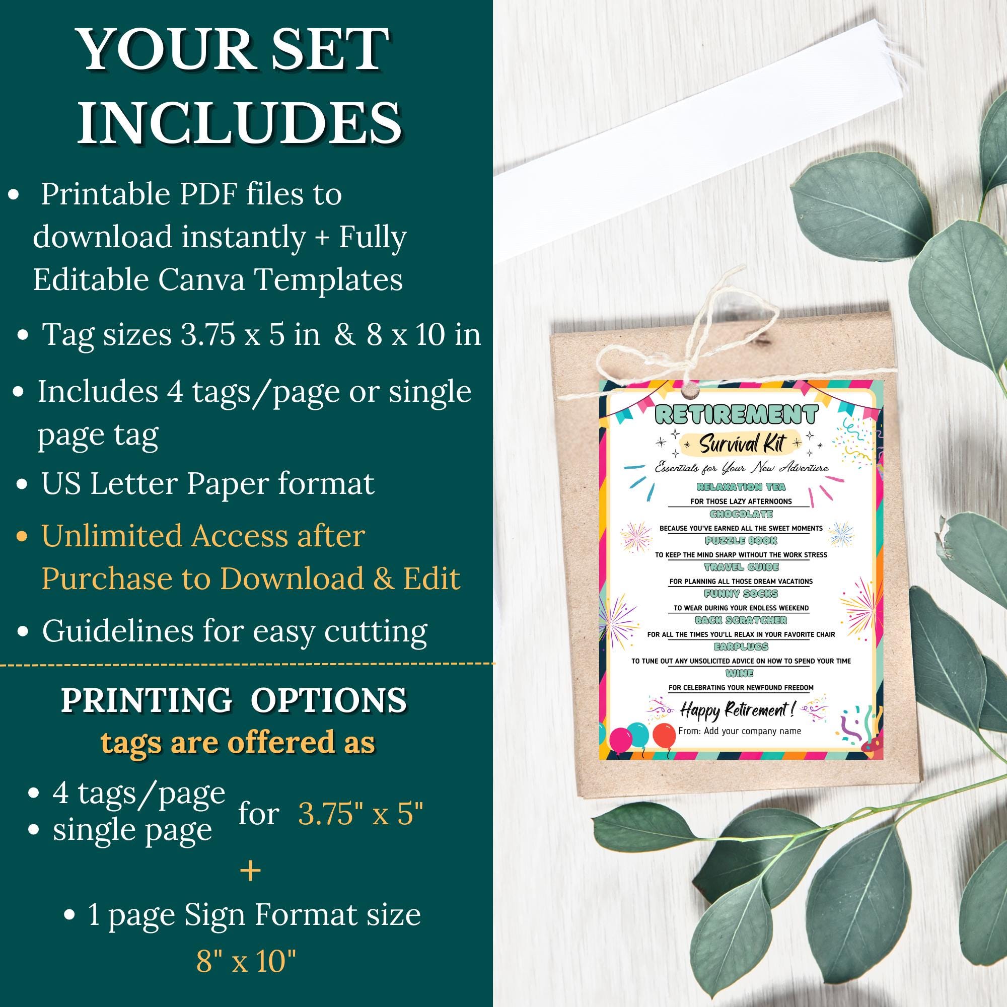 Editable Retirement Survival Kit Printable Gift Tag Treat Bag Staff ...