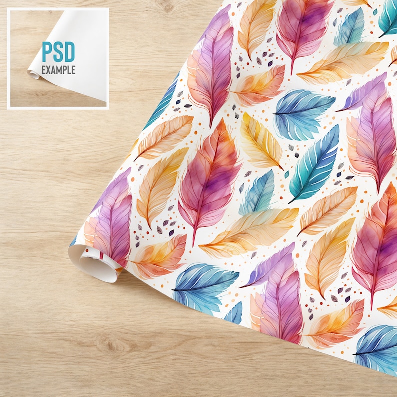 May include: A sheet of white wrapping paper with a repeating pattern of colorful watercolor feathers. The feathers are in shades of pink, purple, orange, yellow, and blue.