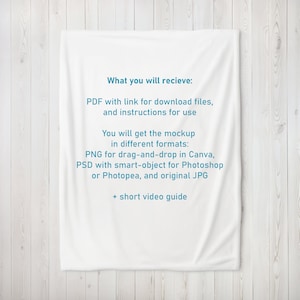 May include: White fabric mockup with text that reads: "What you will recieve: PDF with link for download files, and instructions for use You will get the mockup in different formats: PNG for drag-and-drop in Canva, PSD with smart-object for Photoshop or Photopea, and original JPG + short video guide"