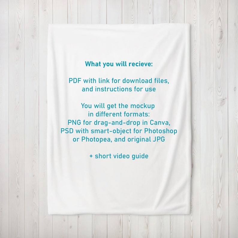 May include: White fabric mockup with text that reads: "What you will recieve: PDF with link for download files, and instructions for use You will get the mockup in different formats: PNG for drag-and-drop in Canva, PSD with smart-object for Photoshop or Photopea, and original JPG + short video guide"