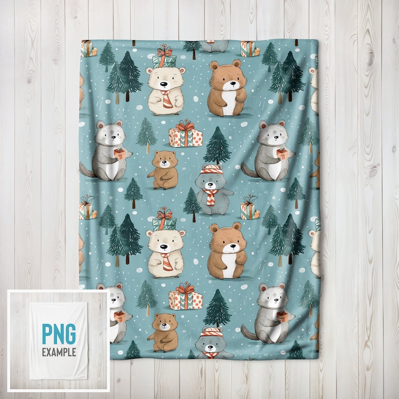 May include: A blue and white fabric with a repeating pattern of bears, polar bears, and other woodland creatures holding gifts. The background is a light blue with white snowflakes.