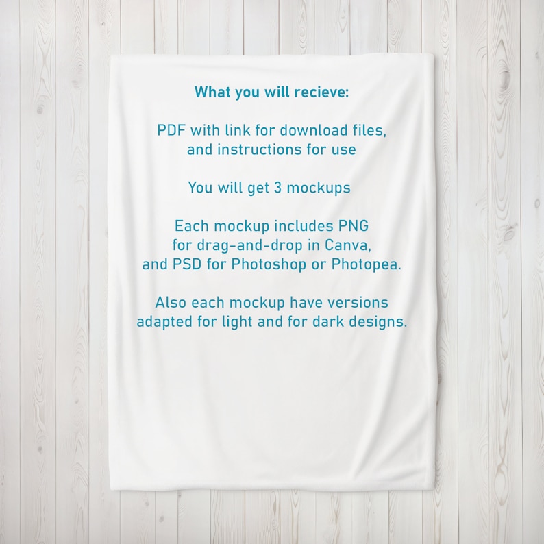 May include: White fabric mockup with text that reads: "What you will recieve: PDF with link for download files, and instructions for use You will get 3 mockups Each mockup includes PNG for drag-and-drop in Canva, and PSD for Photoshop or Photopea. Also each mockup have versions adapted for light and for dark designs."