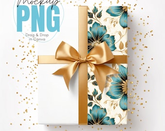 Wrapping Paper Mockup, 5 Ribbon Color Options, Canva Drag & Drop, PNG, Mock-up, Mock up, Wrapped Present Gift Box Mockup, Digital Download