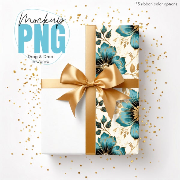 Wrapping Paper Mockup, 5 Ribbon Color Options, Canva Drag & Drop, PNG, Mock-up, Mock up, Wrapped Present Gift Box Mockup, Digital Download