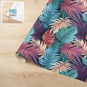 May include: A seamless pattern featuring tropical leaves in shades of teal, purple, pink, and orange on a dark blue background.