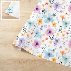 May include: A white background with a repeating pattern of watercolor flowers in shades of blue, purple, pink, orange, and yellow. The flowers are surrounded by green leaves and stems.
