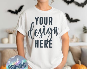 Mockup bianco 1717, Comfort Colors 1717, Mockup di maglietta con oggetto intelligente PSD, Mockup di Halloween, Mockup di maglietta bianca Comfort Colors, Mock-up