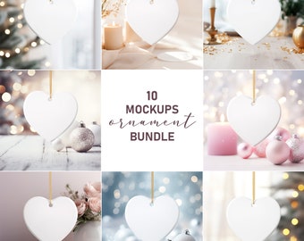 Peut inclure: Dix ornements en forme de cœur avec un fond blanc et une ficelle dorée suspendue au sommet. Les ornements sont disposés en un collage avec différents arrière-plans, notamment un sapin de Noël, des bougies et des boules roses et argentées.