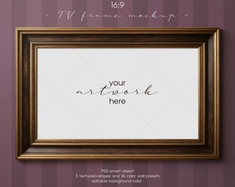 May include: A gold-toned picture frame with a dark brown wood interior, hanging on a striped purple wall. The frame is empty and has the text "your artwork here" written in black cursive. The text "16:9 - TV frame mockup -" is written in black at the top of the image. The text "PSD smart object 5 textures(+stripes) and 36 color wall presets editable background color" is written in black at the bottom of the image.