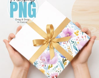 Wrapping Paper Mockup, 6 Ribbon Color Options, Canva Drag & Drop, PNG, Mock-up, Mock up, Wrapped Present Gift Box Mockup, Digital Download