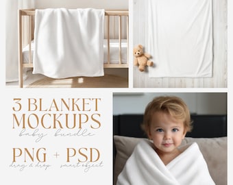 3 Blanket Mockups Baby Bundle, Canva Drag & Drop, PNG, PSD smart object, Transparent Blank Mockup, Velveteen Plush Minky Fleece Blanket