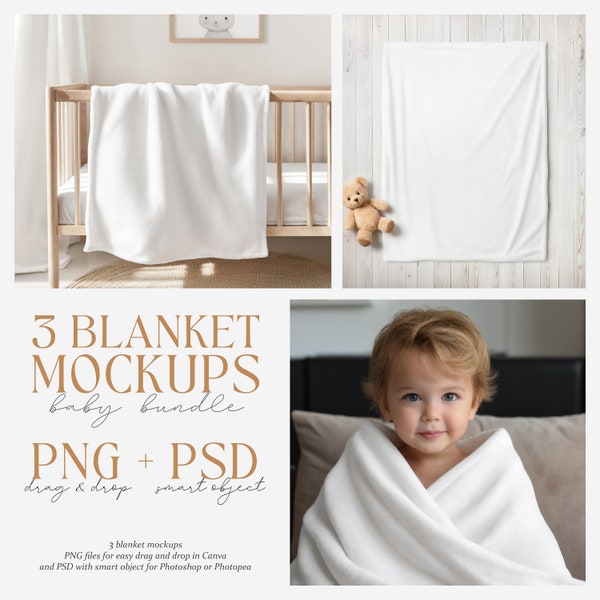 3 Blanket Mockups Baby Bundle, Canva Drag & Drop, PNG, PSD smart object, Transparent Blank Mockup, Velveteen Plush Minky Fleece Blanket