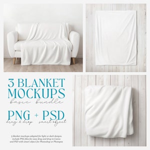 3 Blanket Mockup Bundle, Canva Drag & Drop, PNG, PSD smart object, Transparent Blank Printify Mock up, Velveteen Plush Minky Fleece Blanket