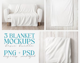 3 Blanket Mockup Bundle, Canva Drag & Drop, PNG, PSD smart object, Transparent Blank Printify Mock up, Velveteen Plush Minky Fleece Blanket