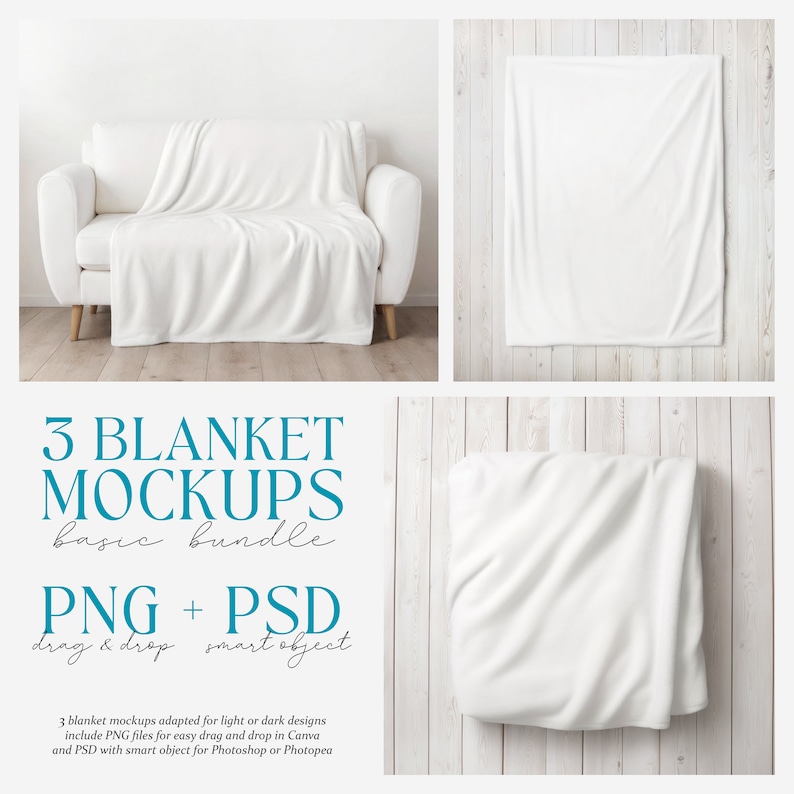 May include: Three white blanket mockups for graphic design. The mockups show a blanket draped over a white sofa, a blanket hanging on a white wood wall, and a blanket lying flat on a white wood surface. The text "3 BLANKET MOCKUPS basic bundle PNG + PSD drag & drop smart object" is displayed below the mockups.