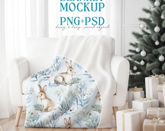Blanket Christmas Mockup, Canva Drag & Drop, PNG, PSD smart object, Transparent Blank Mock up, Velveteen Plush Minky Fleece Blanket