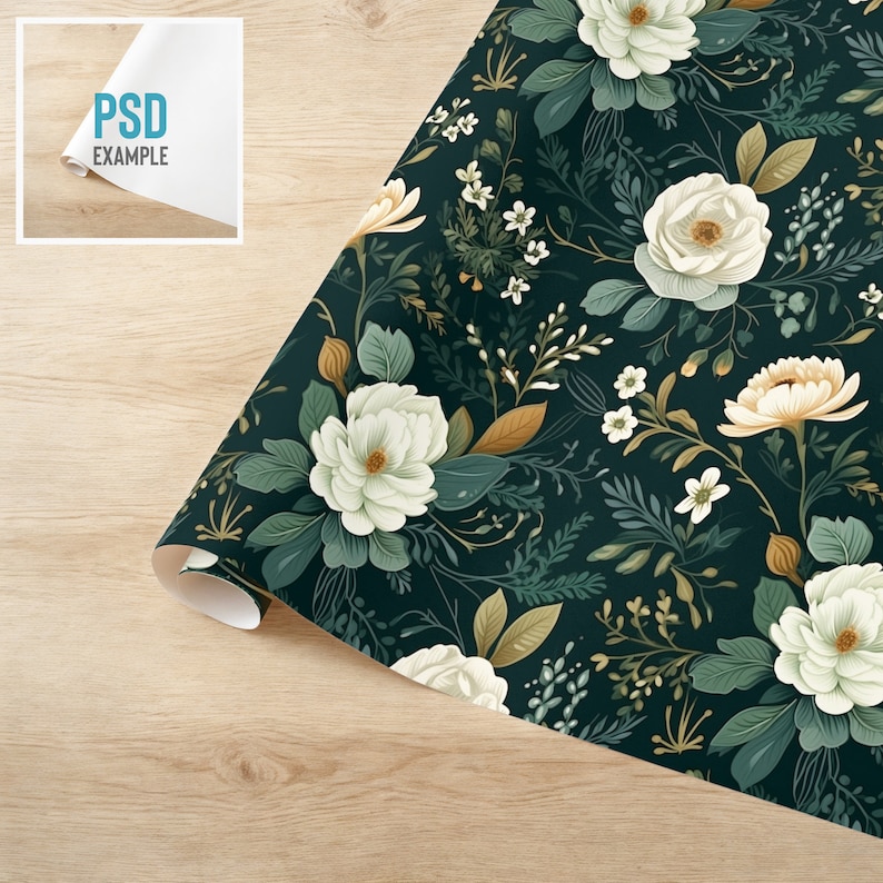 May include: A dark green wrapping paper with a white floral pattern. The flowers are white with yellow centers and are surrounded by green leaves. The paper is rolled up and the edge is visible.