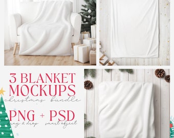 3 Blanket Mockups Christmas Bundle, Canva Drag & Drop, PNG, PSD smart object, Transparent Blank Mockup, Velveteen Plush Minky Fleece Blanket
