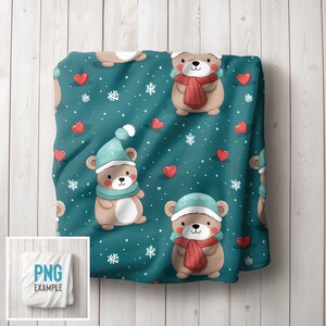 May include: Teal fabric with a repeating pattern of brown bears wearing blue and red hats and scarves. The bears are holding red hearts. The background is a teal color with white snowflakes and dots.