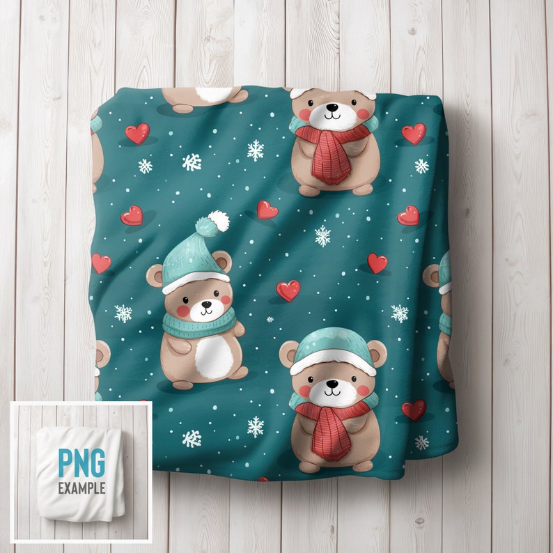 May include: Teal fabric with a repeating pattern of brown bears wearing blue and red hats and scarves. The bears are holding red hearts. The background is a teal color with white snowflakes and dots.