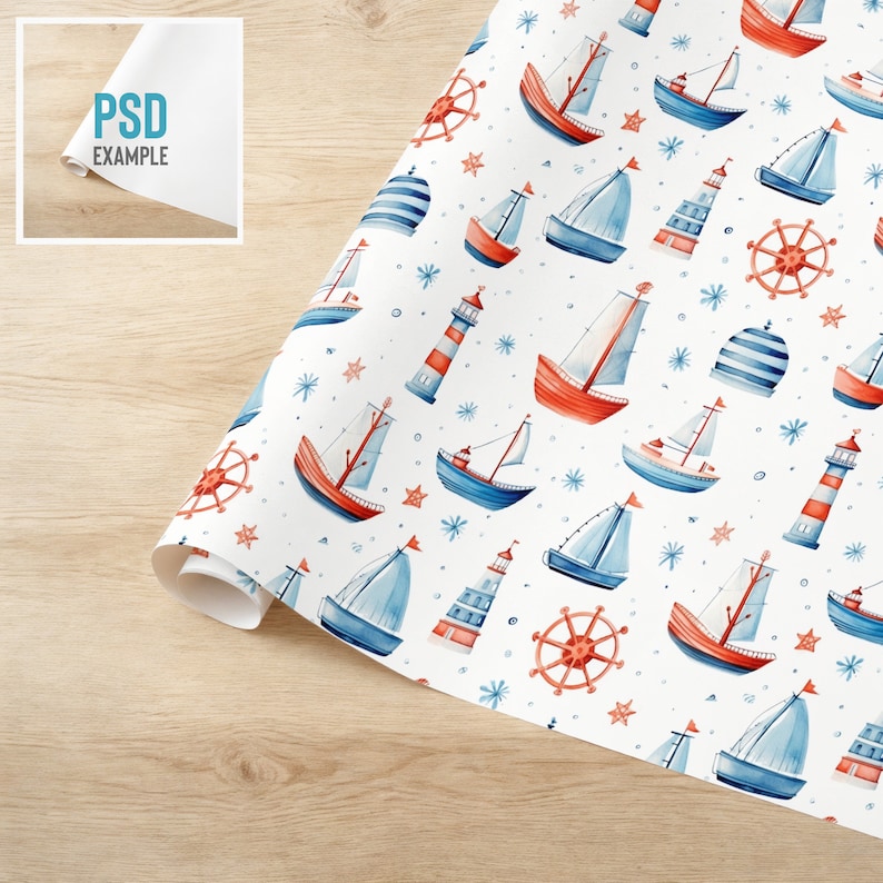 May include: A white background with a repeating pattern of blue and red sailboats, lighthouses, and steering wheels. The pattern is perfect for wrapping paper or scrapbooking.