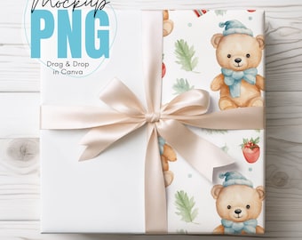Wrapping Paper Mockup, 5 Ribbon Color Options, Canva Drag & Drop, PNG, Mock-up, Mock up, Wrapped Present Gift Box Mockup, Digital Download