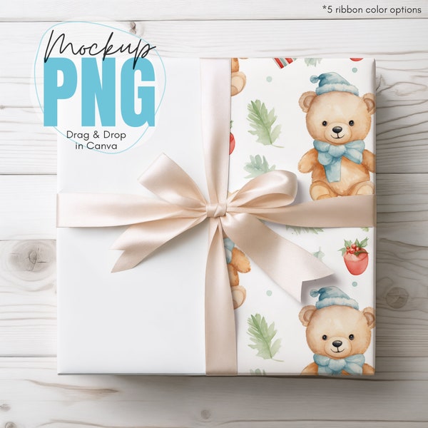 Wrapping Paper Mockup, 5 Ribbon Color Options, Canva Drag & Drop, PNG, Mock-up, Mock up, Wrapped Present Gift Box Mockup, Digital Download