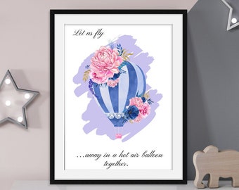 Floral Blue - Hot Air Balloon - Nursery Print, Nursery Decor, Wall Decor, Wall Art, Wall Prints, Baby Shower, Gift, Kids Room, Kids Art,