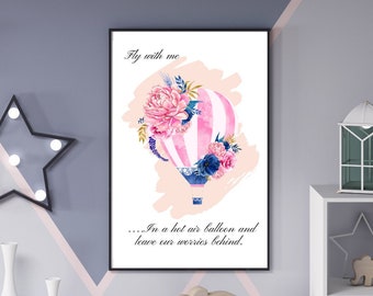 Floral Pink - Hot Air Balloon - Nursery Print, Nursery Decor, Wall Decor, Wall Art, Wall Prints, Baby Shower, Gift, Kids Room, White Linen