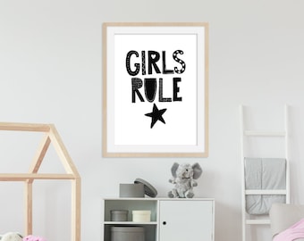 Scandinavian - Girls Rule - Nursery Print, Nursery Decor, Nursery Art, Wall Decor, Wall Prints, Monochrome, Baby Shower, Gift, Kids Room