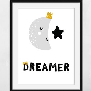 Scandinavian Dreamer- Stampa nursery, Decorazioni per l'infanzia, Stampe murali, Decorazioni murali, Arte murale, Monocromatico, Regalo, Baby Shower, Camera per bambini, Luna, Stella