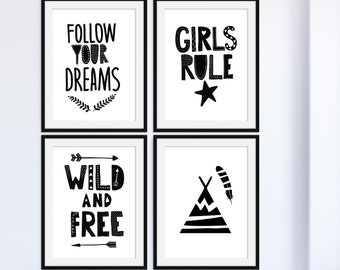 Scandinavian - Girls Rule - Set of 4- Nursery Prints, Nursery Decor, Nursery Art, Wall Prints, Baby Shower, Gift, Kids Room, Kids Decor