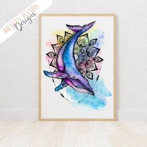 Pop Art, Colourful Wall Print, Animal Print, Vibrant Print, Whale, Watercolour Prints, Home Decor, Sea Animals