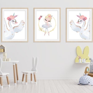 Ballerine, Cygne, Impression de crèche, Décoration de pépinière, Art mural, Impressions murales, Baby Shower, Chambre d’enfants, Salle de jeux, Art pour enfants, Blanc, Cygne des neiges, Couronne
