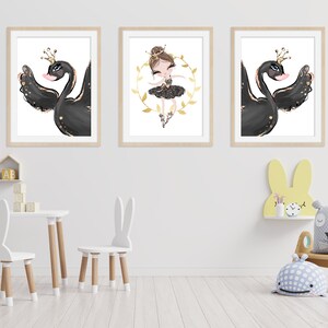 Ballerina, Cigno, Stampa nursery, Decorazione per l'infanzia, Arte murale, Stampe murali, Baby Shower, Camera per bambini, Sala giochi, Arte per bambini, tutù, Cigno nero, Ghirlanda