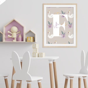 Nom, Impression initiale, Cygnes, Fleurs, Impression de pépinière, Décoration de pépinière, Art mural, Impressions murales, Baby Shower, Chambre d’enfants, Salle de jeux, Art pour enfants