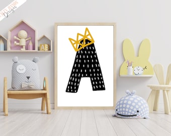 Name, Initial Print, Crown, Nursery Print, Nursery Decor, Wall Art, Wall Prints, Baby Shower, Kids Room Monochrome, Play Room, Kids Art