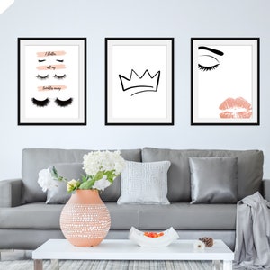 Schoonheid, set van 3, Wimpers, Lippen, Kroon, Huis, Print, Home Decor, Wall Decor, Wall Prints, Nieuw Huis, Kunst, Cadeau, Moederdag, Witte Linnen Kaart
