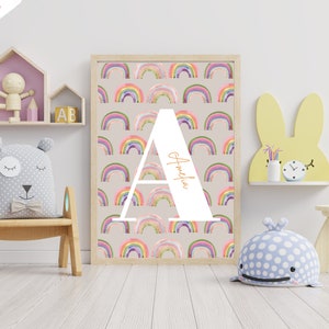 Nom, Impression initiale, Impression arc-en-ciel, Impression de chambre d’enfant, Décoration de chambre d’enfant, Art mural, Impressions murales, Baby Shower, Chambre d’enfants, Salle de jeux, Art pour enfants