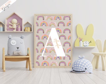 Name, Initial Print, Rainbow Print, Nursery Print, Nursery Decor, Wall Art, Wall Prints, Baby Shower, Kids Room, Play Room, Kids Art