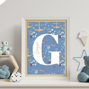 Nome, Stampa iniziale, Mare, Stampa nursery, Decorazione per l'infanzia, Arte murale, Stampe murali, Baby Shower, Camera per bambini, Sala giochi, Arte per bambini, Ancora, Marinaio